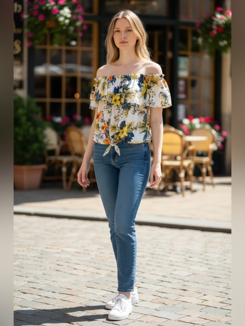 MOD Floral Off Shoulder Top Size L Tie Front Ruffle Boho Summer Blouse
